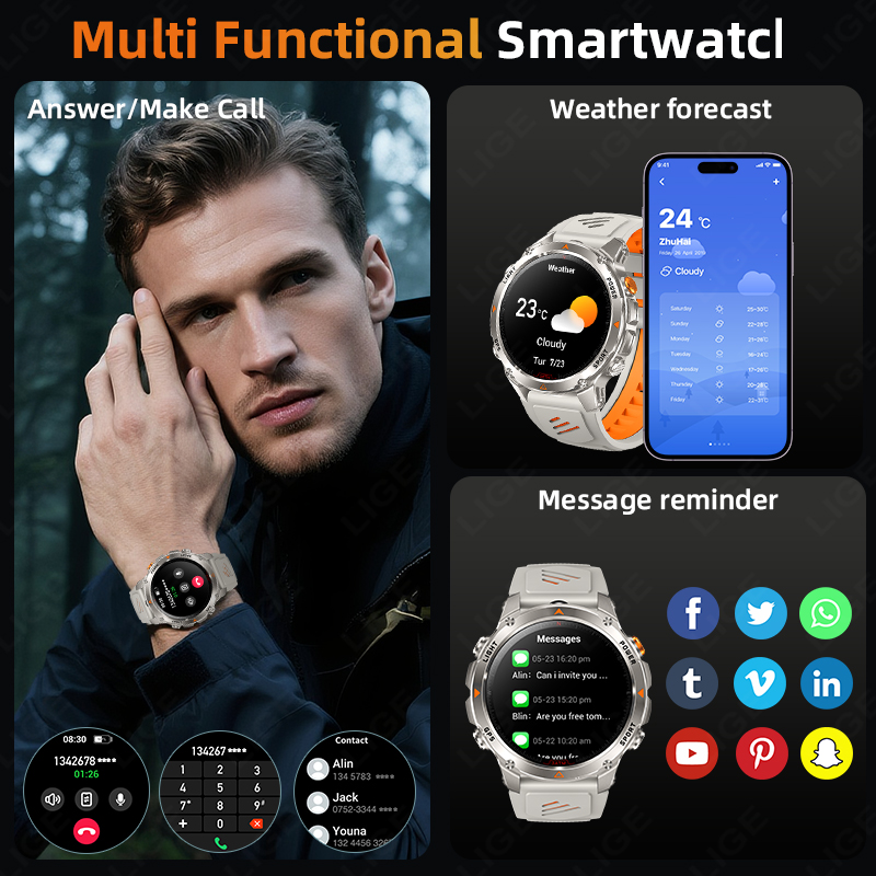 LIGE وعرة لتحديد المواقع المسا - مراجعة Smartwatch Sports Watches For Men وسعره